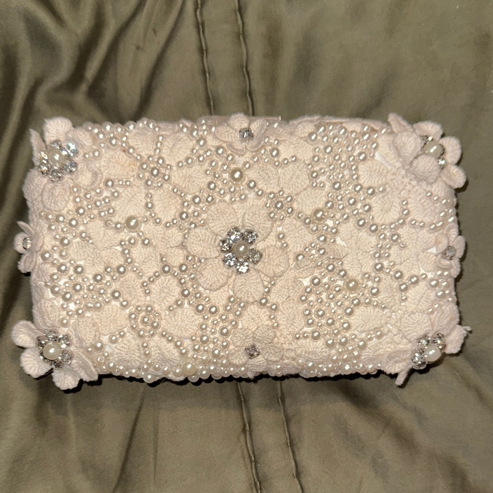 Olga Berg Beige Floral Embellished Clutch